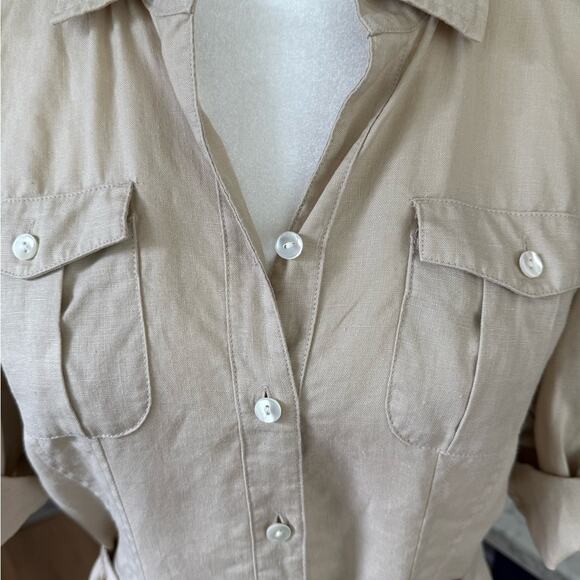 Saks Fifth Avenue Women's Linen Button Down Khaki Tan Tie Button Down Dress- 6 - Picture 7 of 9